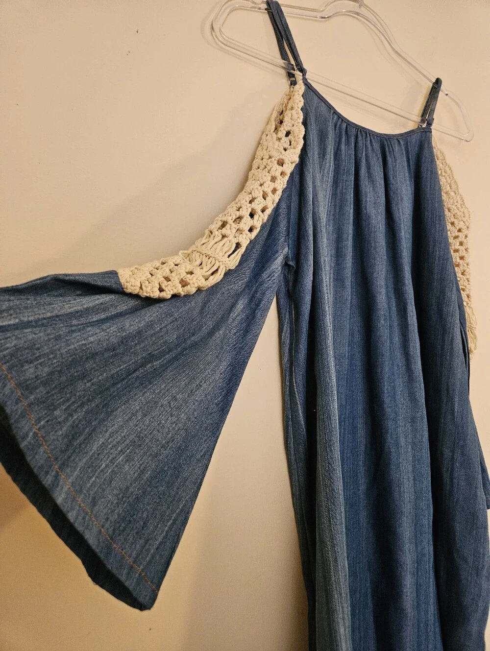 Umgee Blue Chambray Spaghetti Strap Dress with Cream Crochet Sides, Size Large